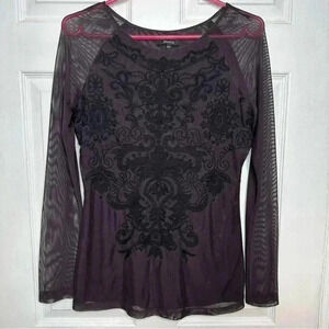 RW&CO Shirt Long Sleeved Sheer Mesh Floral  Black & Purple Size Medium